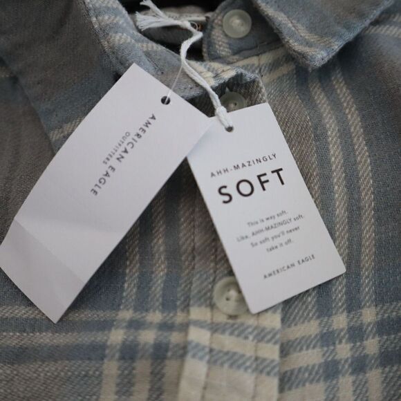 American Eagle 035-1354-3196-020 Womens Sz S Blue Flannel Peplum Button-Up Shirt - Picture 7 of 8